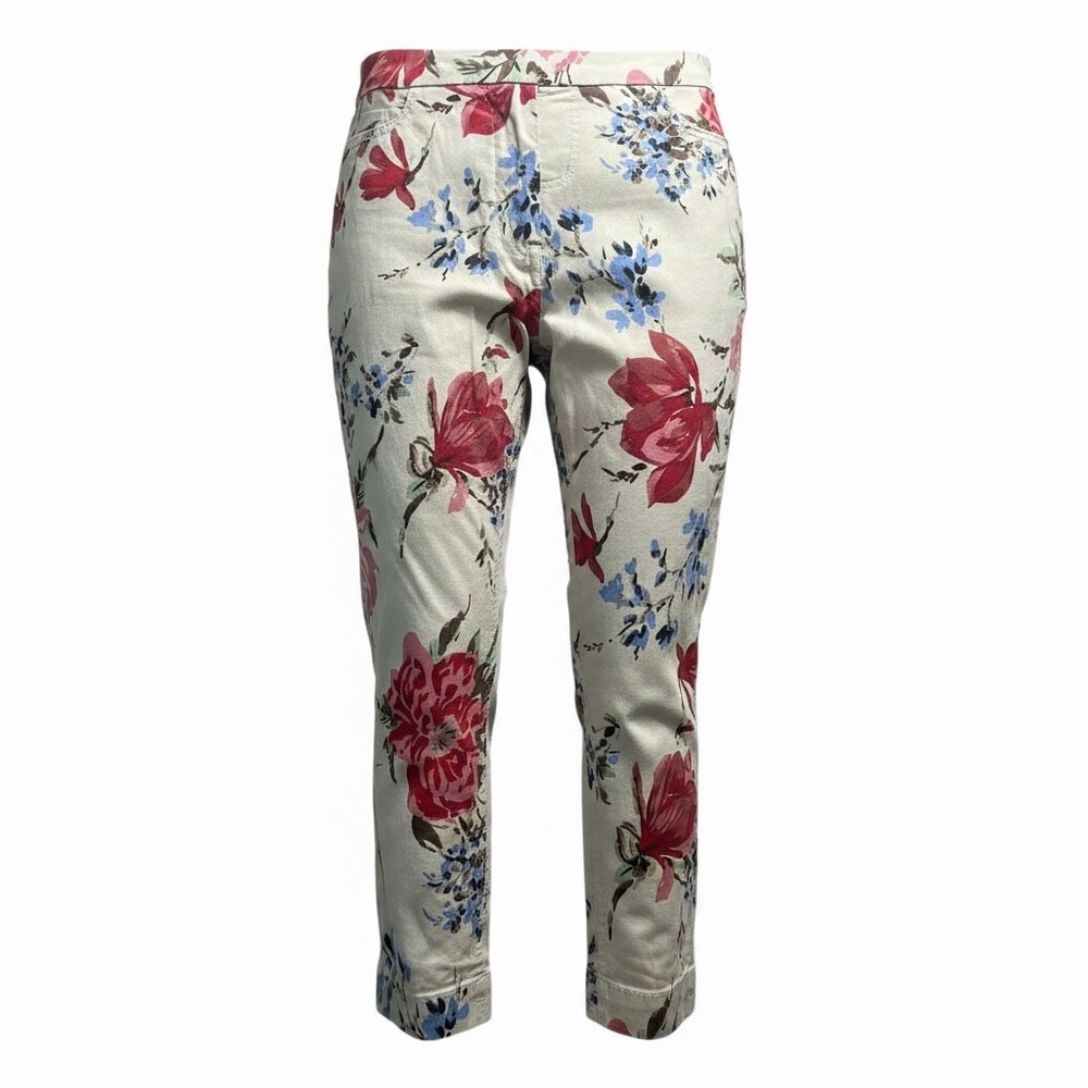 Soft Surroundings Floral Pull On Slim Leg Pants‎ Beige Red Blue Petite Small PS